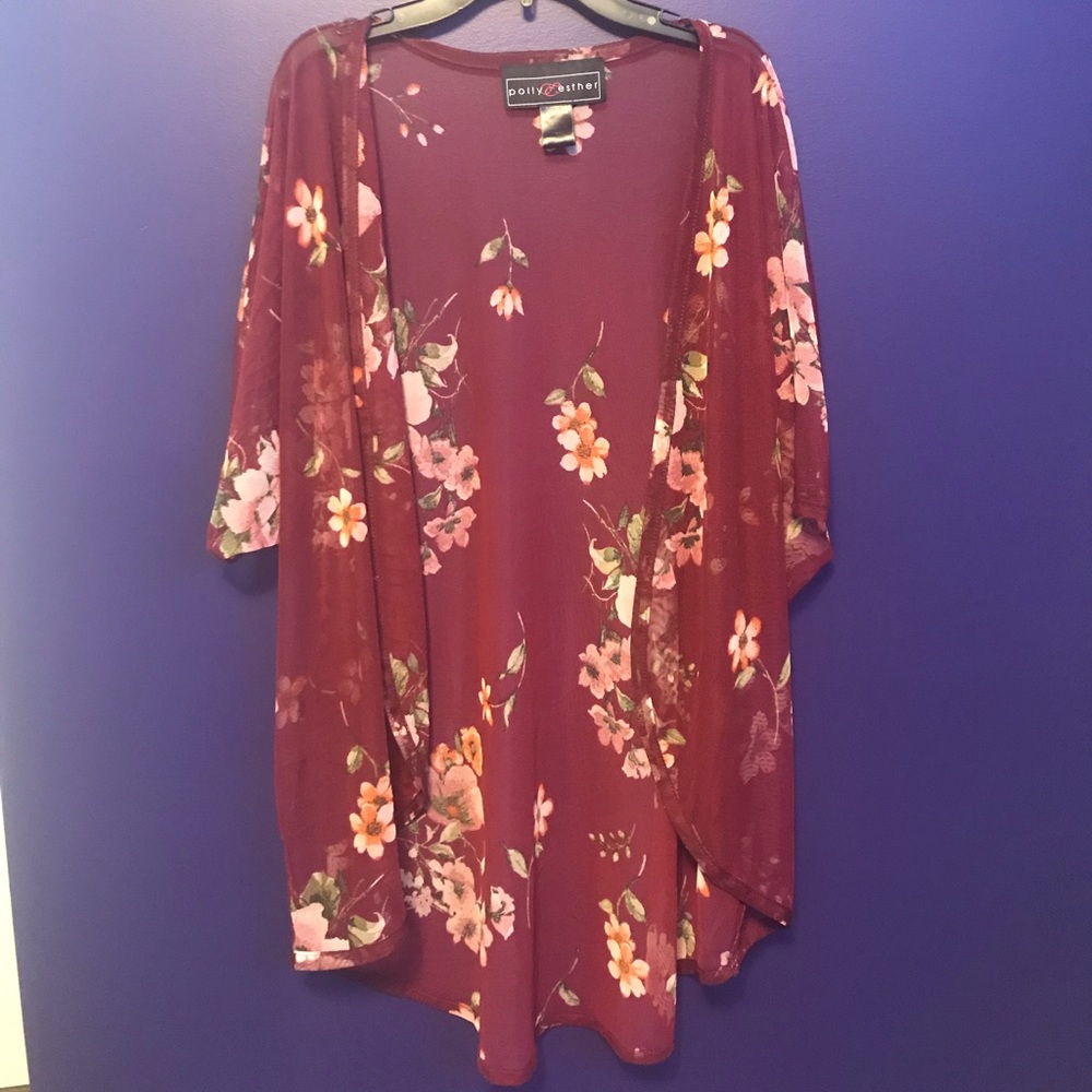 Polly & Esther maroon kimono with floral patter